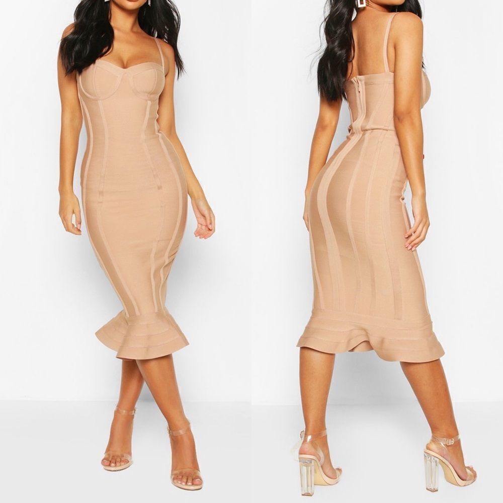 NWT BOOHOO Petite Bandage Frill Hem Midi Dress 10